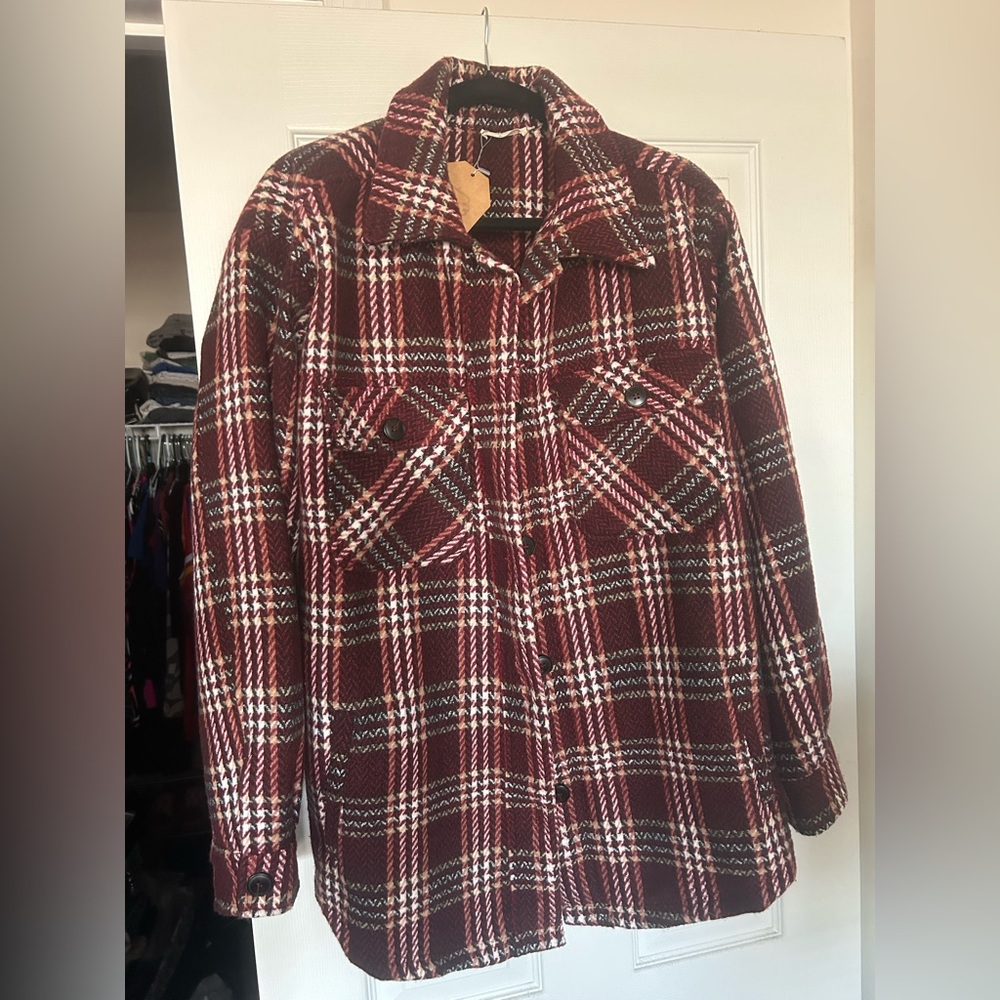 KORI Maroon and Black Plaid Utility Jacket